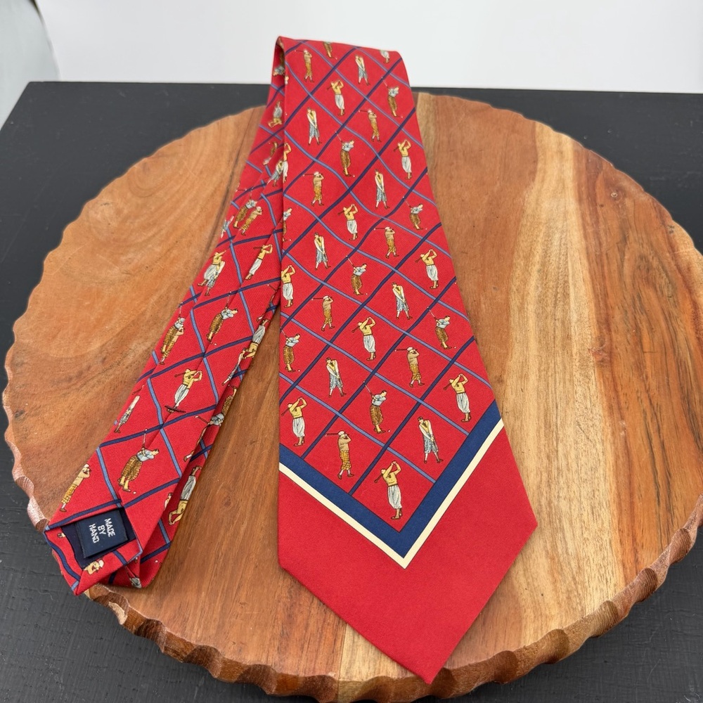 Polo Ralph Lauren red silk tie repeating golf player 56”, 3.75” wide